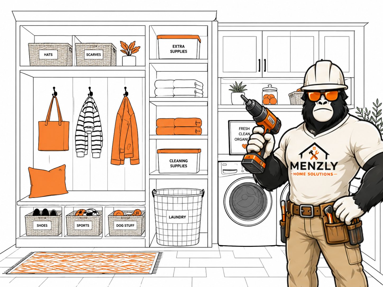 Menzly craftsman standing in front of organized cabinetry and a laundry area