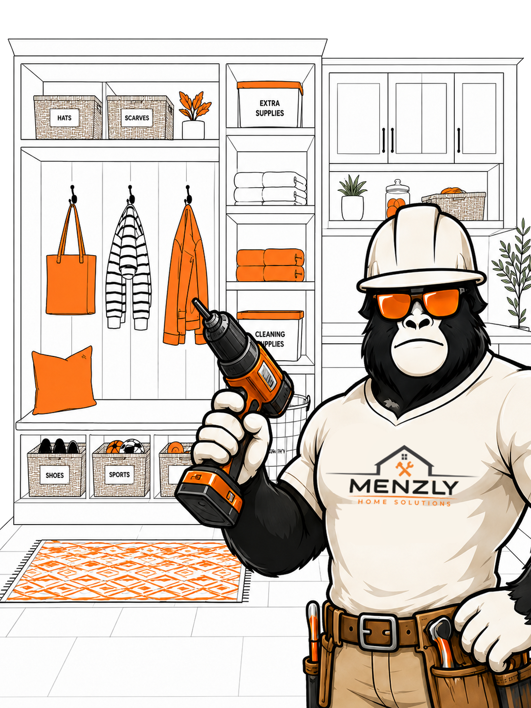 Menzly gorilla holding a drill in front of organized cabinetry